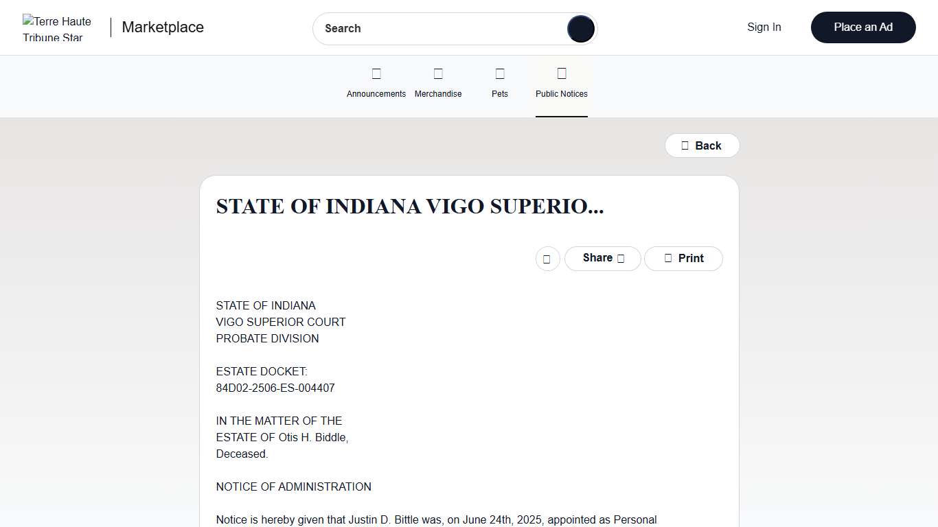 Terre Haute Tribune Star | Classifieds | Public Notices | STATE OF INDIANA VIGO SUPERIO...